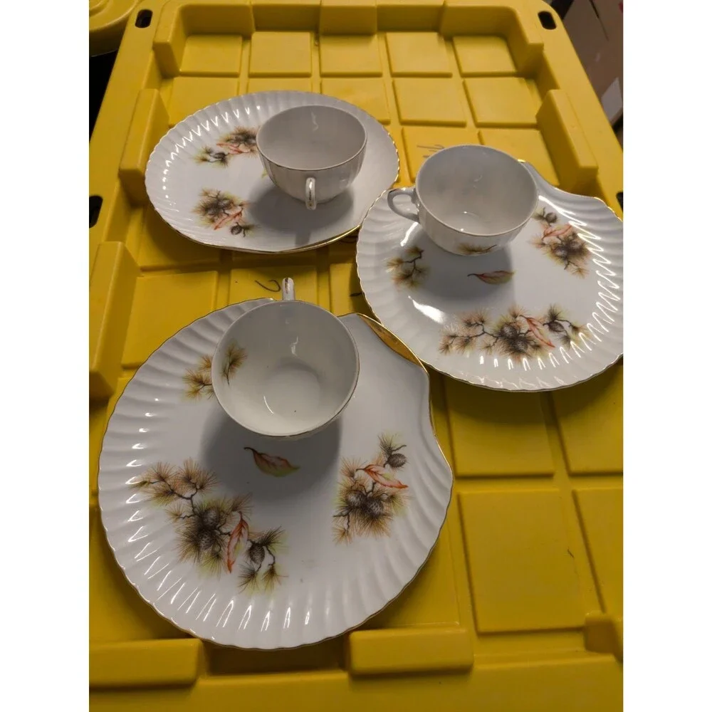 Vintage Japan Pine Needles And Cones, Shell Shaped Snack Plate &Tea Cup  3 Sets